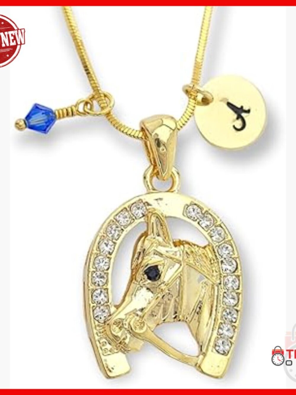 Gold Plated Crystal Horseshoe Pendant Necklace with Initial Charm